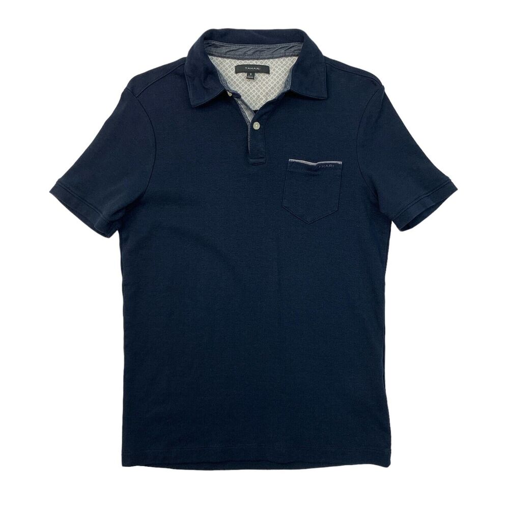 Tahari Polo Shirt Mens S Small Navy Short Sleeve Fine Cotton Chest Pocket